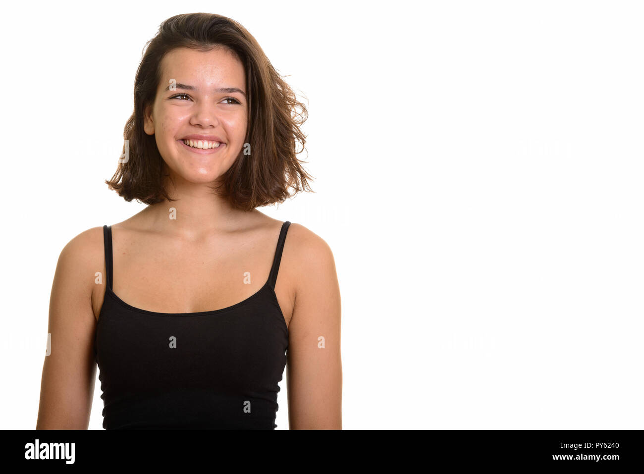 Giovani caucasici felice ragazza sorridente e pensare Foto Stock