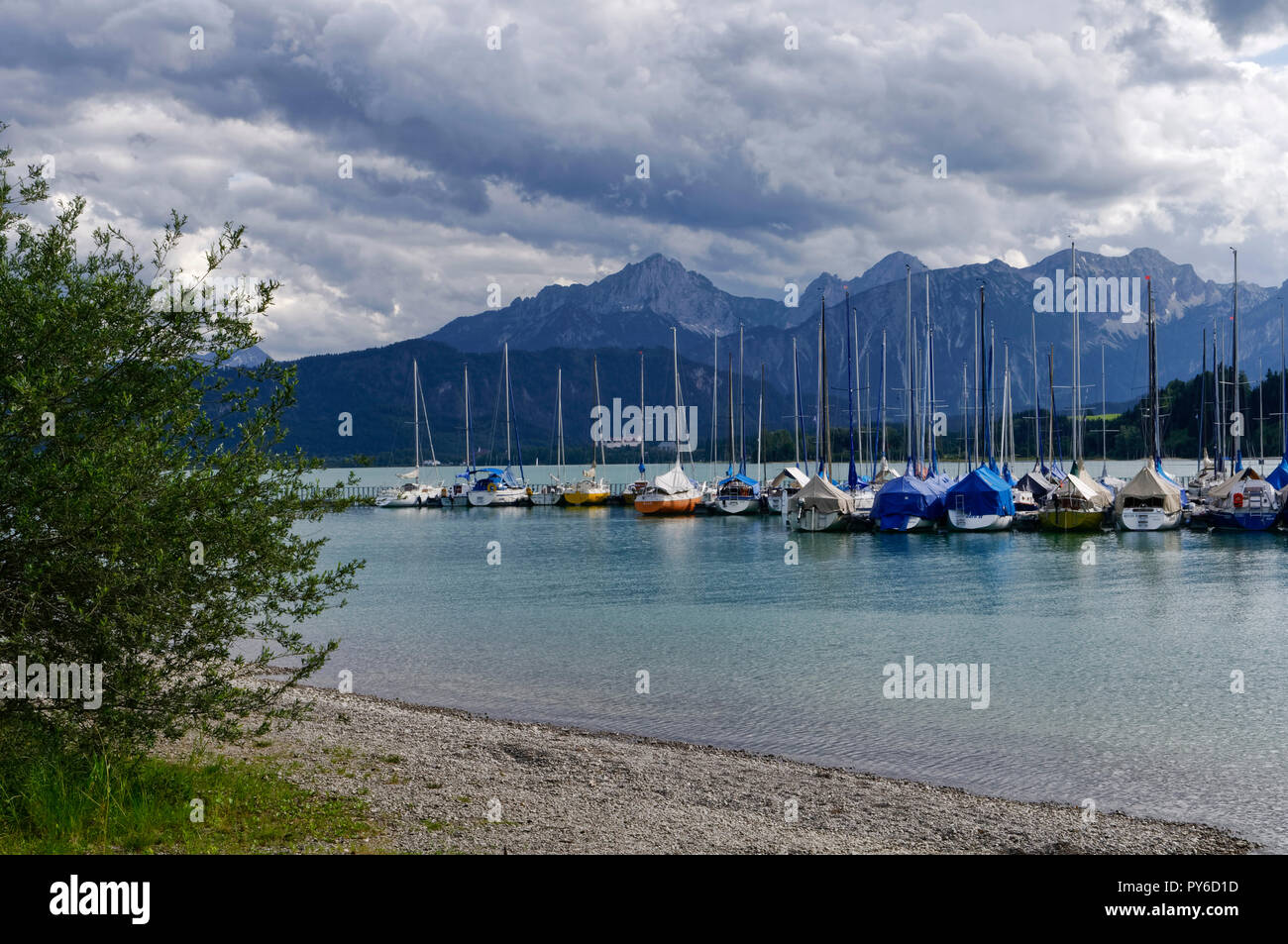 Vista su Forgensee su Ammergauer Alpen (Alpi Ammergau), quartiere Ostallgäu, Allgäu, Baviera, Germania Foto Stock