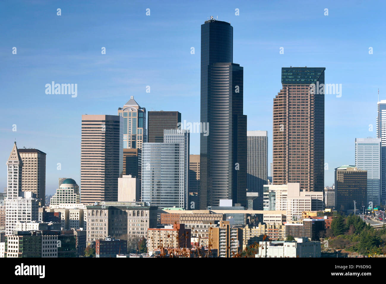 Downtown Seattle grattacieli e alti edifici presi durante la caduta con il blu del cielo. Foto Stock