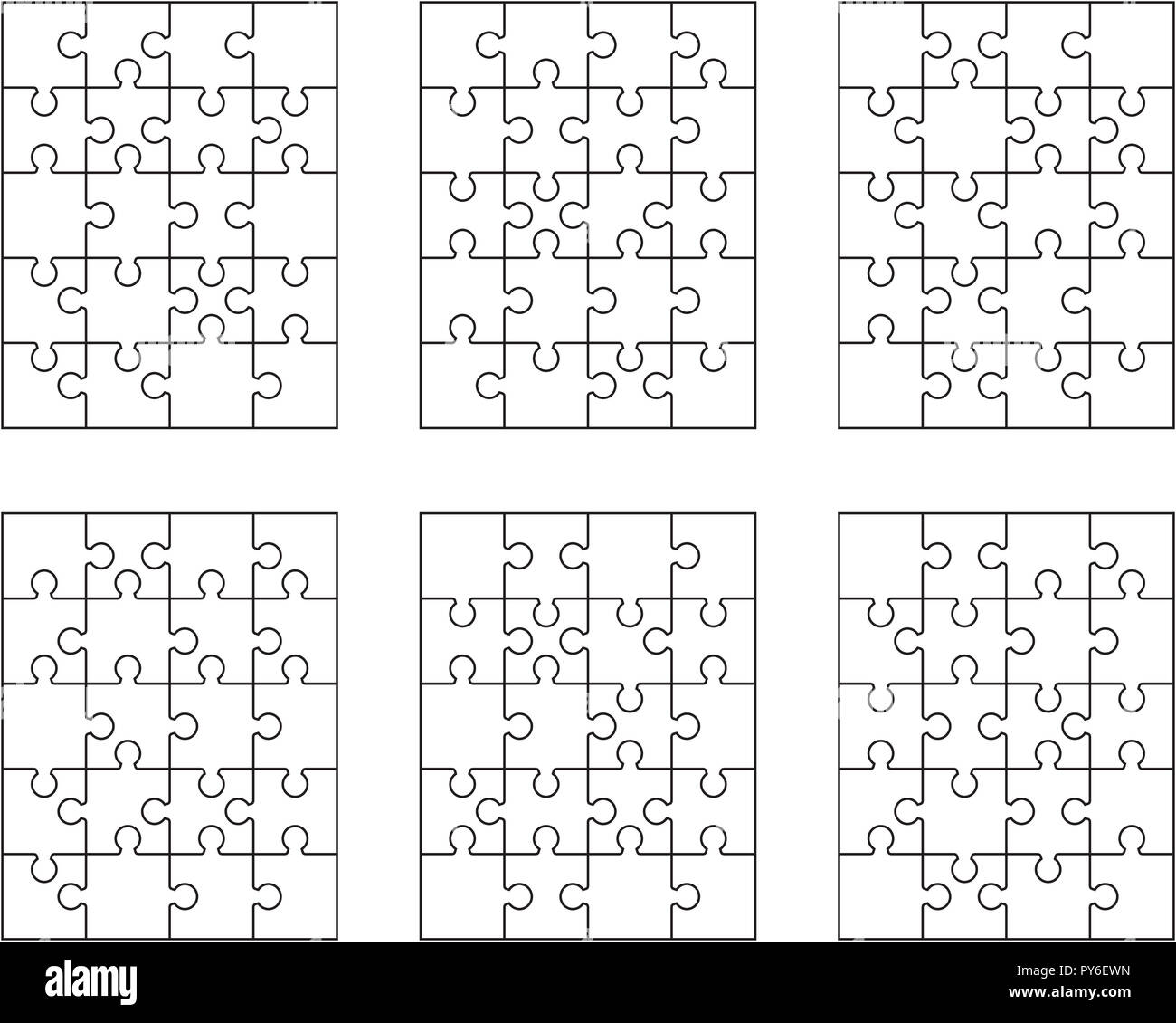 Illustrazione Vettoriale di sei diversi puzzle bianco, pezzi separati Foto Stock