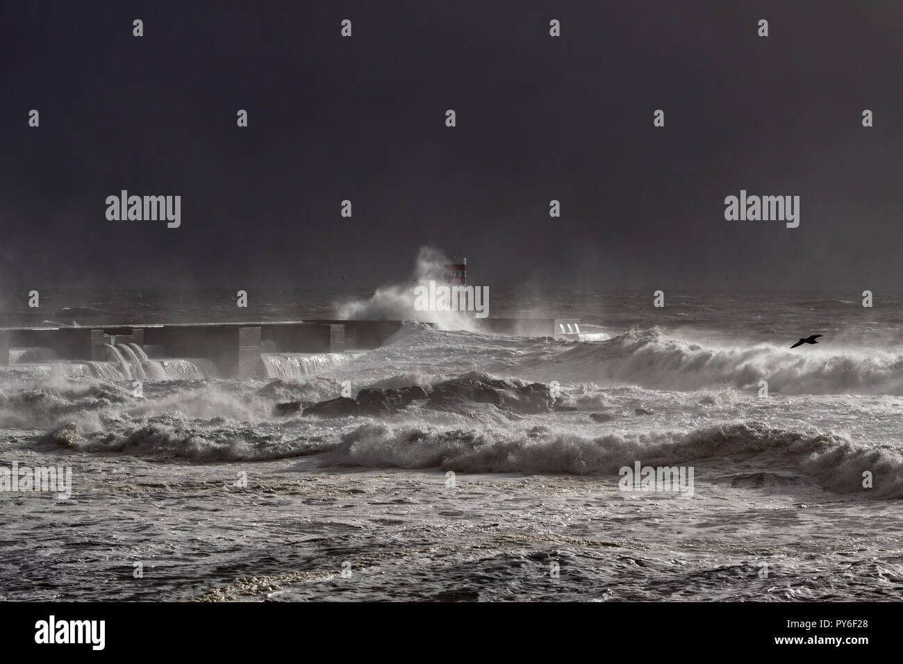 Dark tempesta di mare presso la foce del fiume Douto, Porto Foto Stock