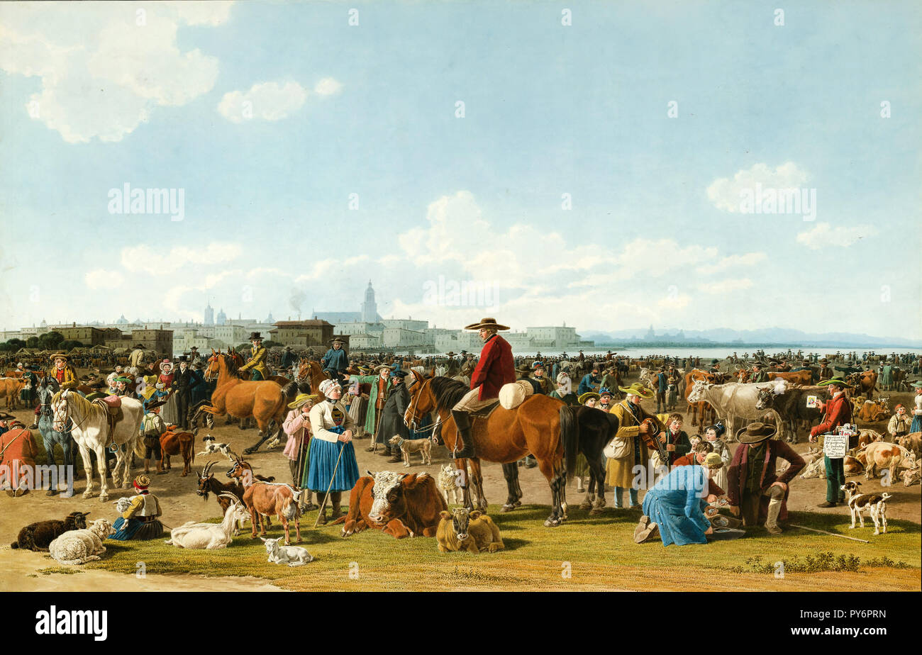 Wilhelm von Kobell, mercato di bestiame prima di una grande città sulle sponde di un lago 1820 olio su tela, Albertina di Vienna, Austria. Foto Stock