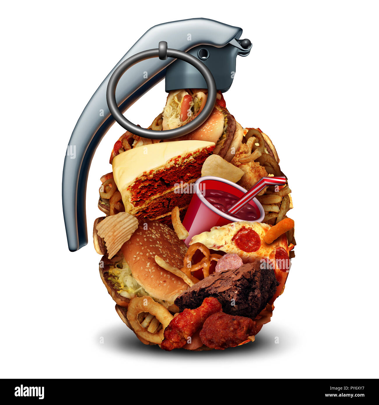 Dieta malsana dei rischi per la salute e la scarsa nutrizione e pericolo di pressione del sangue alta rischio dovuto a mangiare cibo spazzatura con zucchero e sodio. Foto Stock