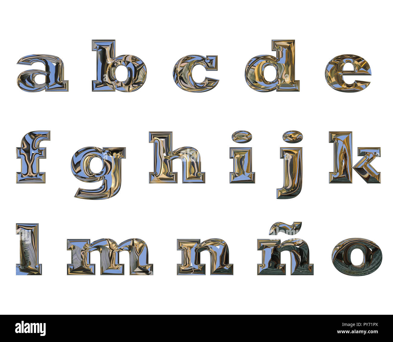 Le lettere minuscole da 'a' a 'o', fatta di liquido con effetto cromato Foto Stock