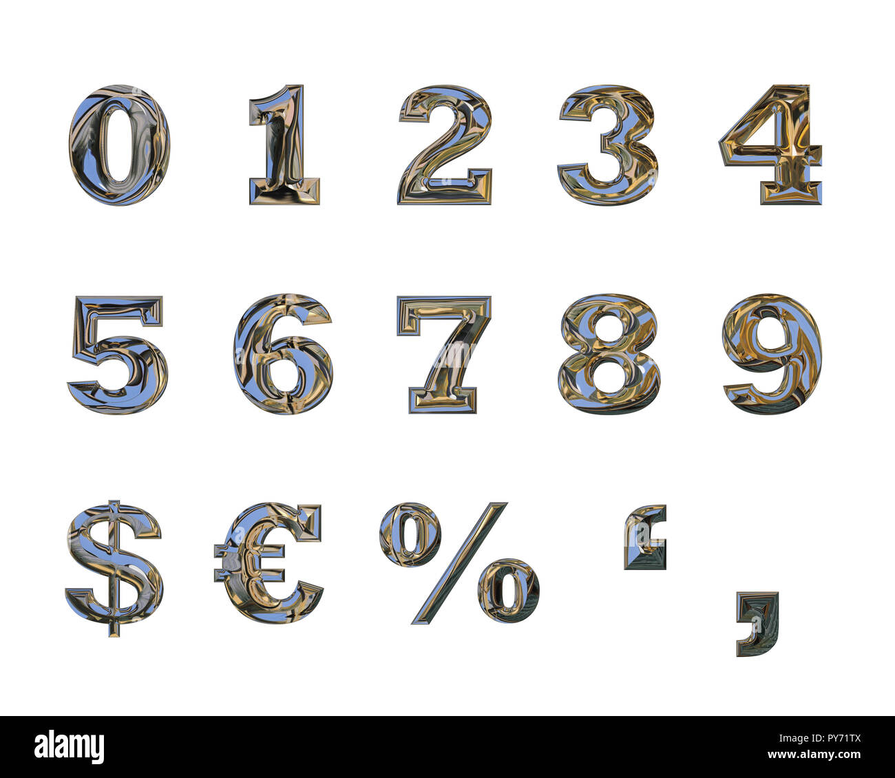 I numeri da 0 a 9 e i segni fatti con liquido effetto cromato Foto Stock
