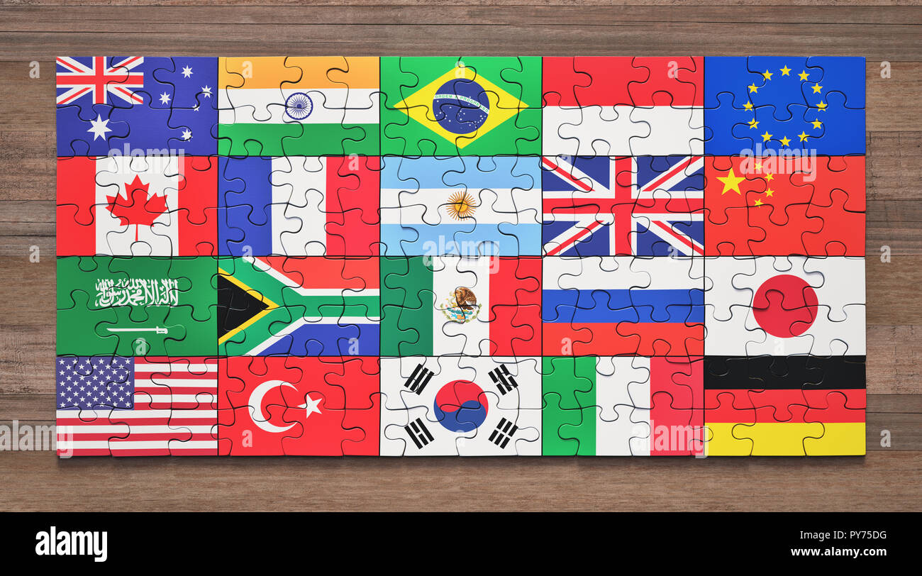 Bandiere del G20 paesi membri sotto forma di pezzi di un puzzle. Foto Stock