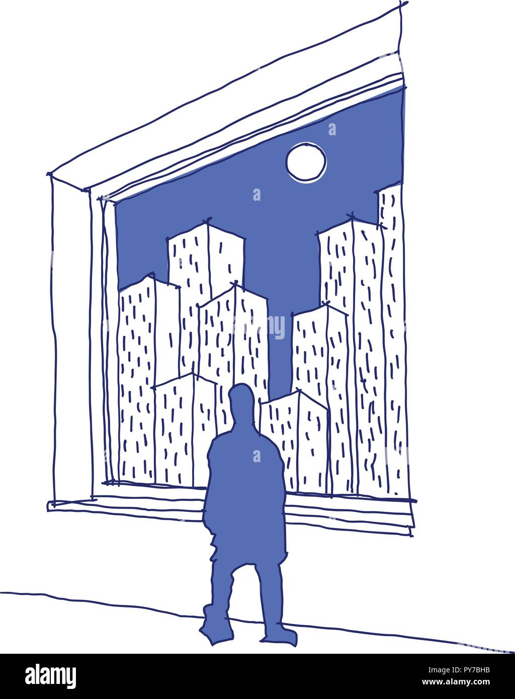 Mano bozzetto di uomo di guardare attraverso una finestra in una città piena di grattacieli con Sun per il cielo Illustrazione Vettoriale