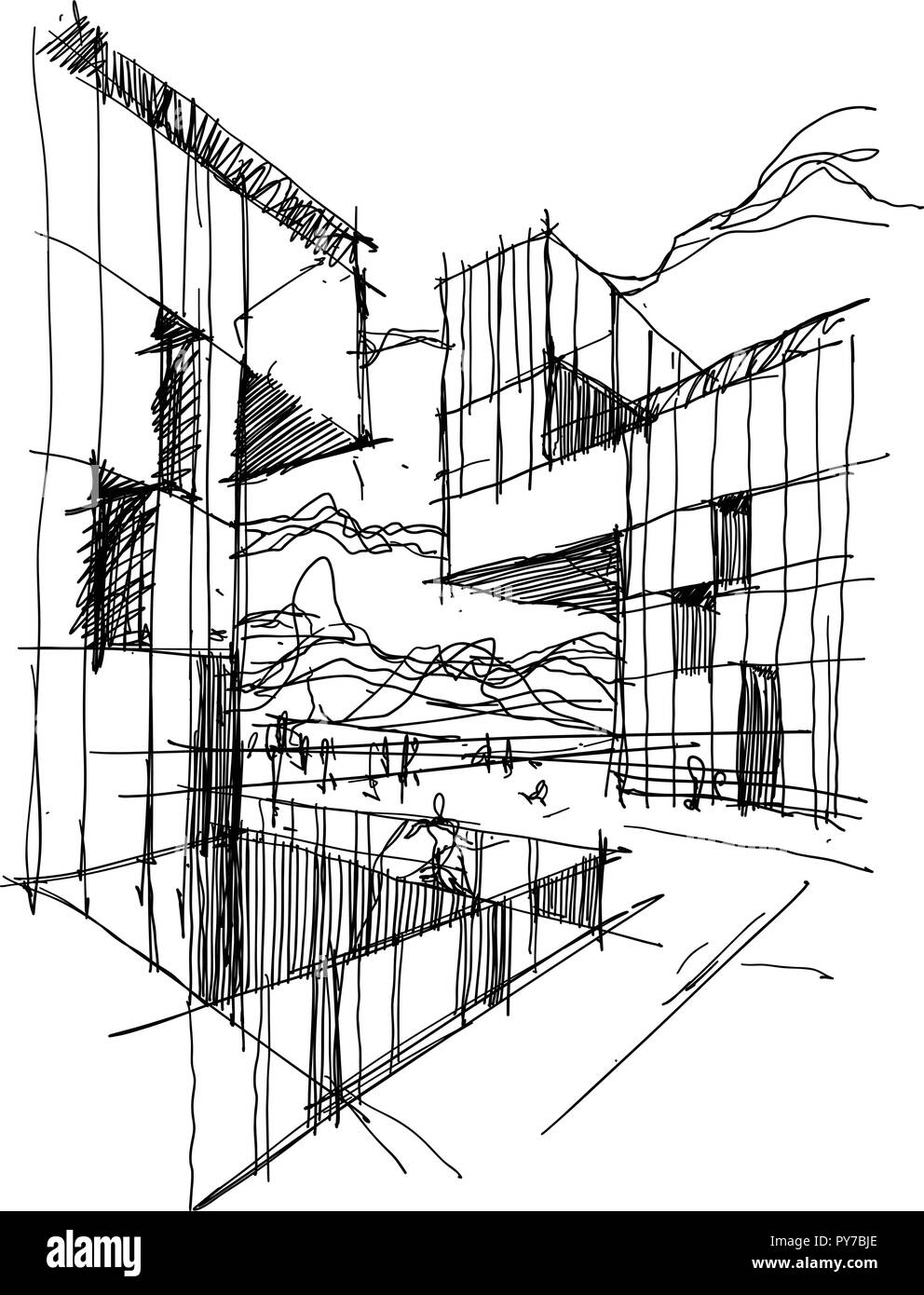 Disegnato a mano schizzo architettonico di una moderna architettura astratta con le persone intorno a Illustrazione Vettoriale