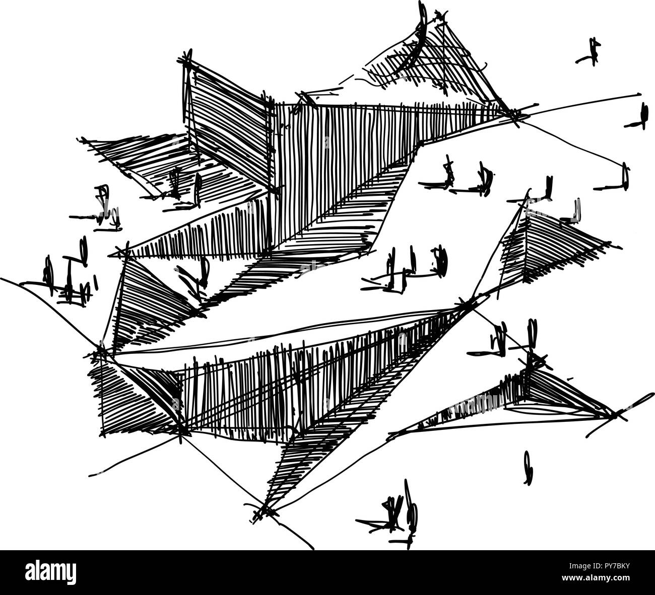 Disegnato a mano schizzo architettonico di una moderna architettura astratta Illustrazione Vettoriale