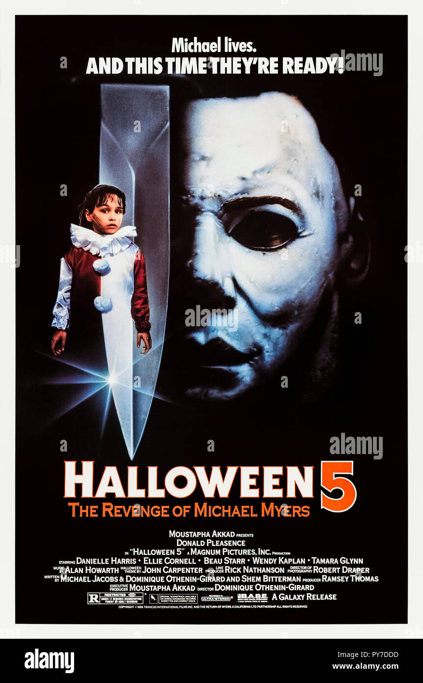 Halloween 5 (1989) diretto da Dominique Othenin-Girard e interpretato da Donald Pleasence, Danielle Harris, Ellie Cornell e Beau Starr. Michael Myers ritorna di nuovo a uccidere sua nipote. Foto Stock