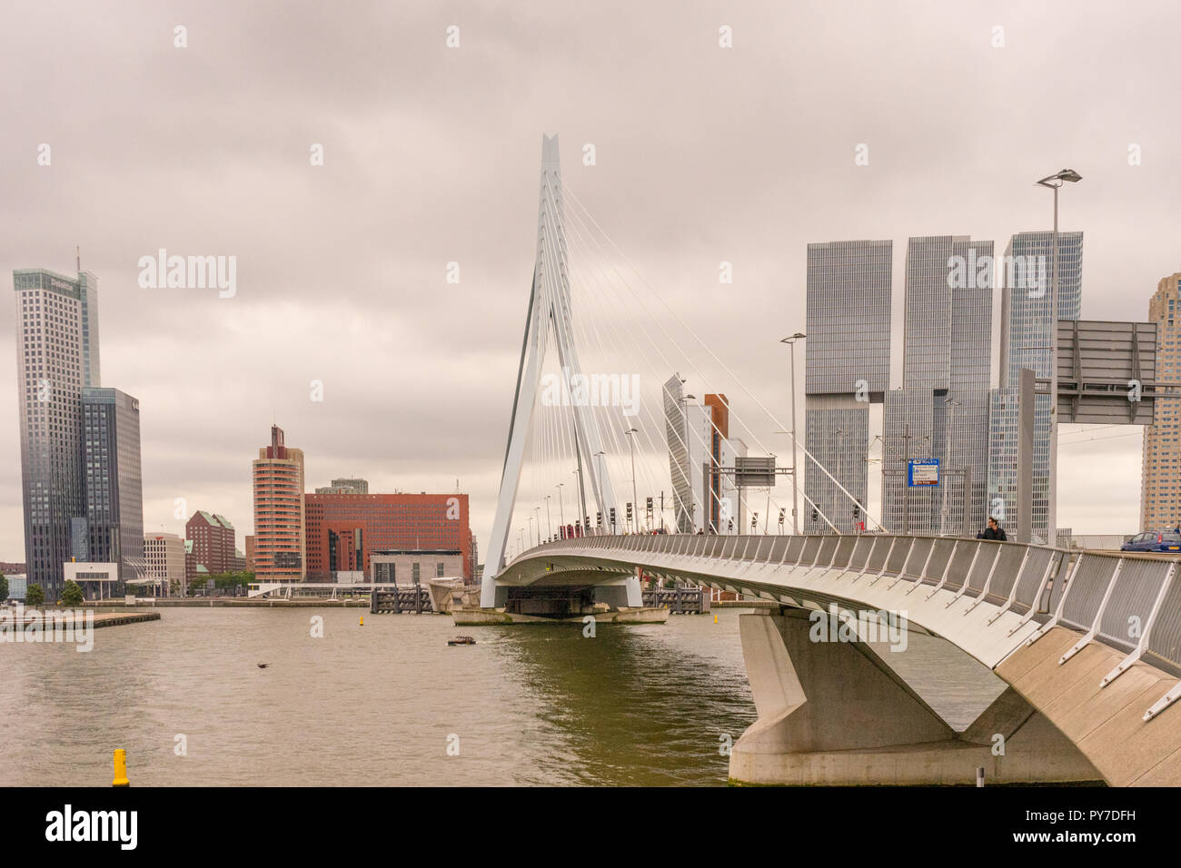 Rotterdam, Paesi Bassi - 16 July, 2016: La Deloitte edificio si affaccia sul ponte Erasmus. La 284m lungo il ponte è stato progettato da Ben van Berkel (UNSt Foto Stock