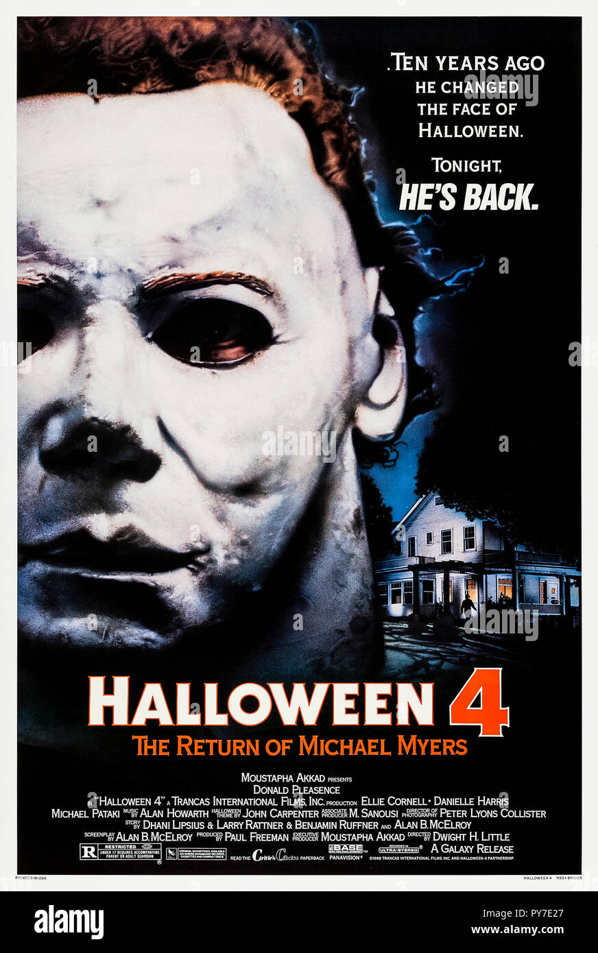 Halloween 4: Il ritorno di Michael Myers (1988) diretto da Dwight H. poco e interpretato da Donald Pleasence, Ellie Cornell, Danielle Harris e George P. Wilbur. Michael Myers si risveglia dal suo 10 anno coma a caccia di sua nipote. Foto Stock