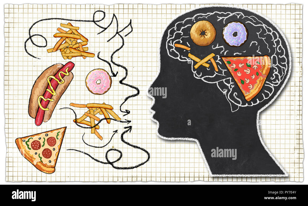 Addiction illustrato con Fast Food e il cervello in classico stile di disegno su carta e il cibo al di fuori di testa femmina raffigura un male, abstract il cibo spazzatura Foto Stock