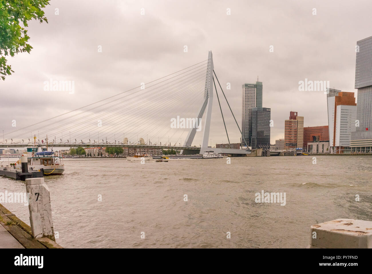 Rotterdam, Paesi Bassi - 16 July, 2016: La Deloitte edificio si affaccia sul ponte Erasmus. La 284m lungo il ponte è stato progettato da Ben van Berkel (UNSt Foto Stock