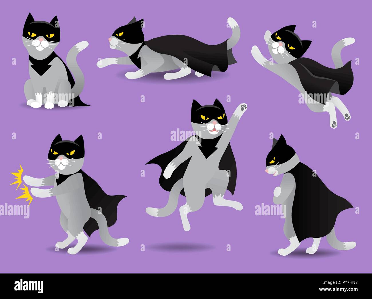 Set di supereroe cat in nero maschera e mantello Illustrazione Vettoriale