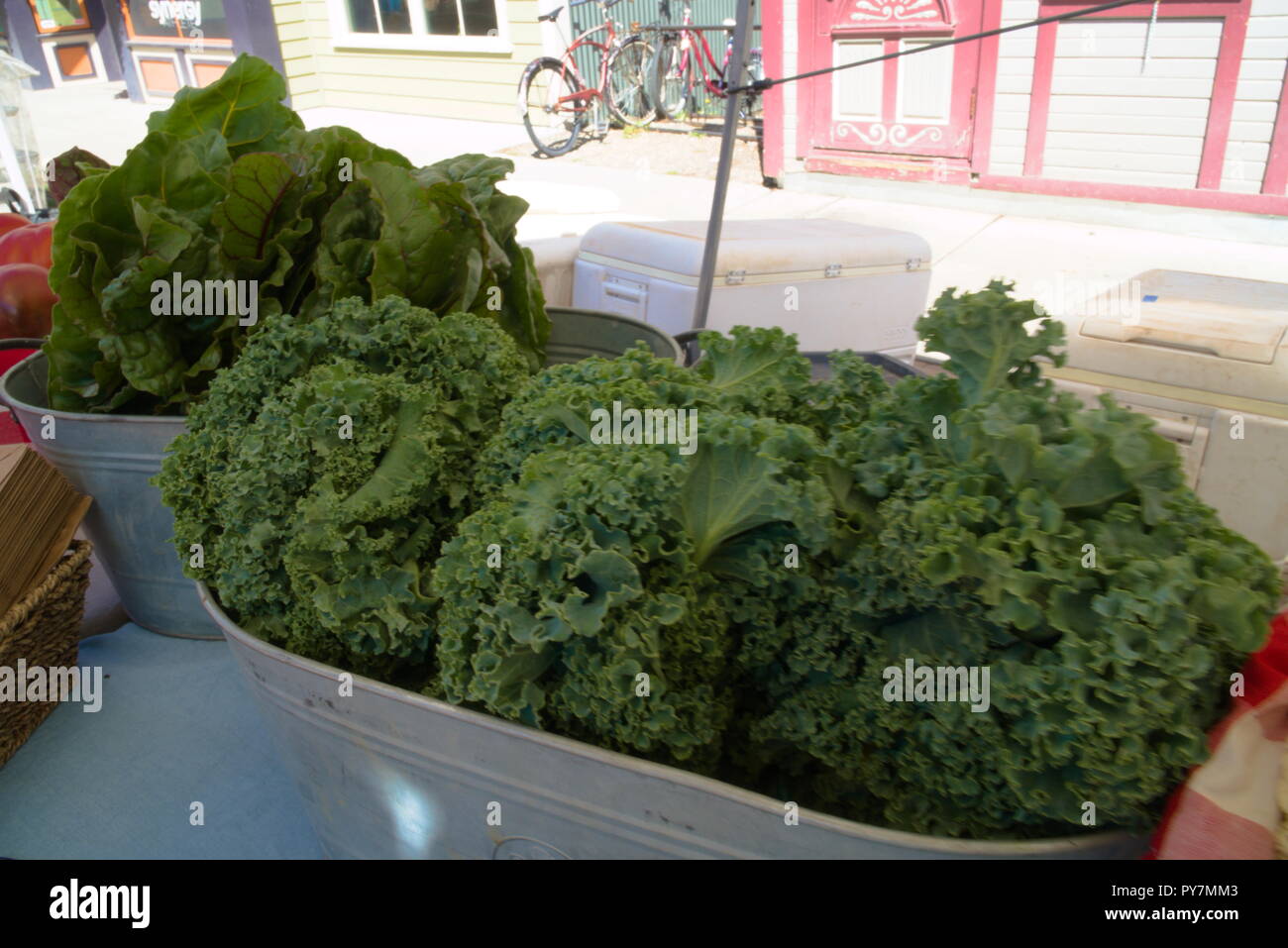 Cavolo e insalata di rucola in cesti. Le verdure erano in vendita presso lo stand ad un agricoltore di mercato. Foto Stock