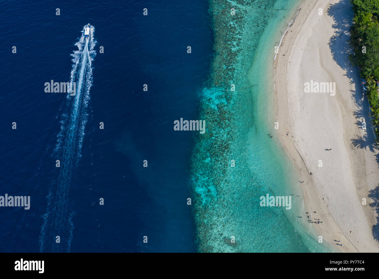 Vista aerea adottate con Mavic Pro 2 Drone.litorale lungo Moalboal,Cebu - spiaggia conosciuta come spiaggia bianca. Una barca di Bangka viaggiare per Scuba Diving ubicazione Foto Stock