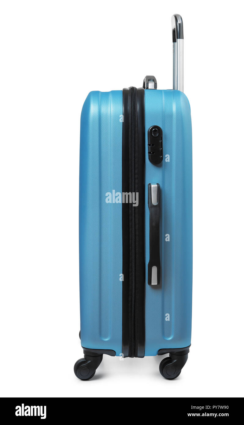 Vista laterale del blu valigia in plastica isolato su bianco Foto Stock