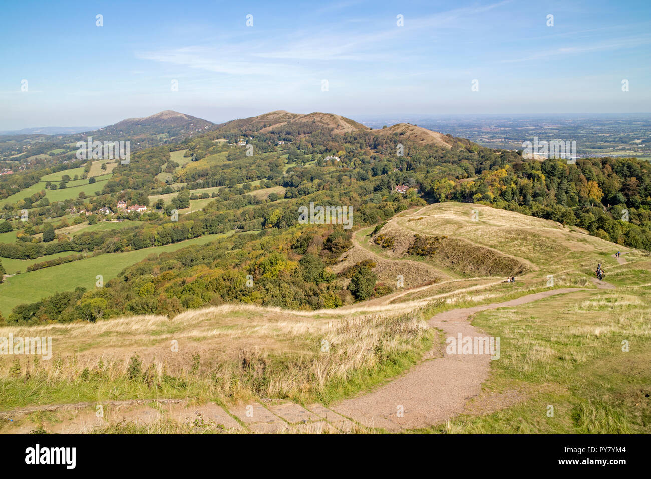 Il Malvern Hills dall'Herefordshire Beacon, Herefordshire, England, Regno Unito Foto Stock