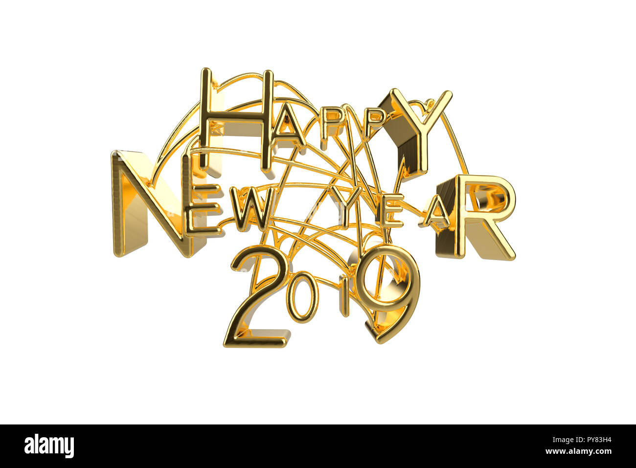 Felice Anno Nuovo 2019 Natale elegante golden lettering parola con lettere legato da stringhe isolati su sfondo bianco. Vacanza 3D illustrazione Foto Stock
