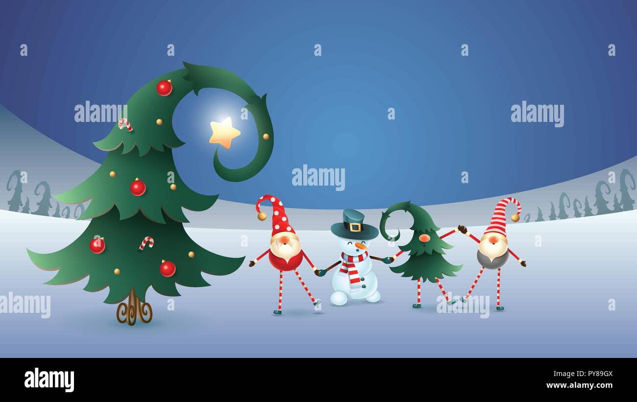 Happy amici festeggiare il solstizio d'inverno, il Natale e il nuovo anno. Gnomi scandinavi e il pupazzo di neve con albero di Natale decorato. Blue Panorama invernale Illustrazione Vettoriale