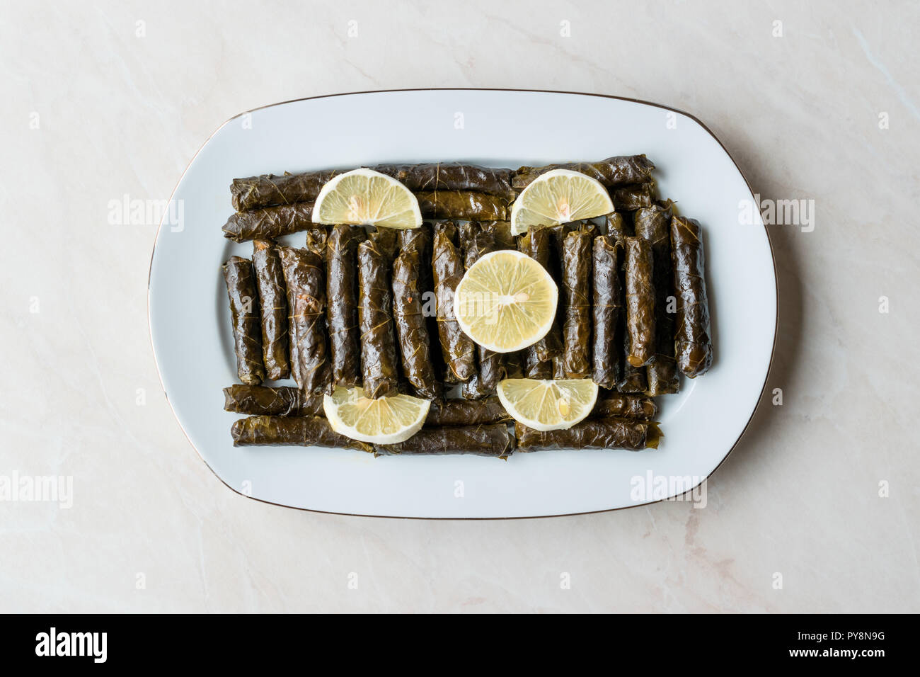 Farcite le foglie di uva con olio di oliva e limone / Zeytinyagli Yaprak Sarma Dolma. Tradizionale cibo organico. Foto Stock