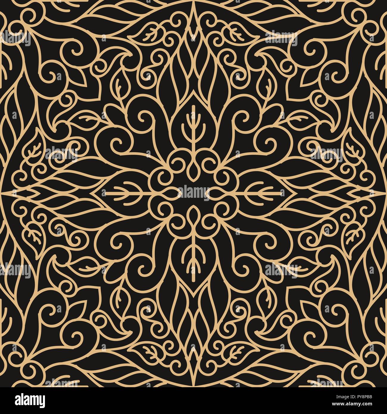 Luxury seamless pattern con il mandala in oro su sfondo nero con vintage, retrò, orientale style design Illustrazione Vettoriale