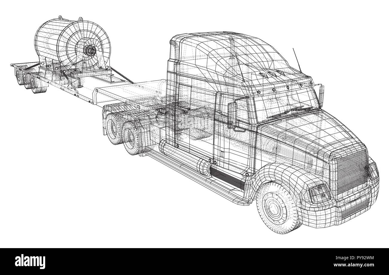 Letto basso camion rimorchio. Disegno astratto. Veicolo carico. Illustrazione di tastatura di 3d Illustrazione Vettoriale