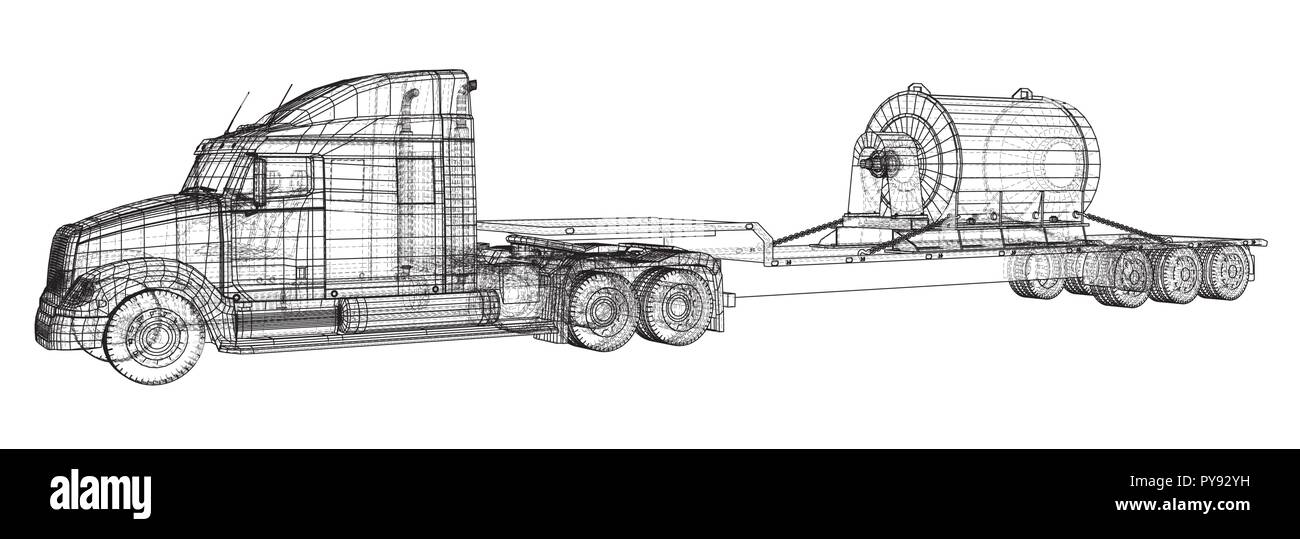 Letto basso camion rimorchio. Filo-telaio. Veicolo carico. EPS10 formato. Vettore creati di 3d. Illustrazione Vettoriale