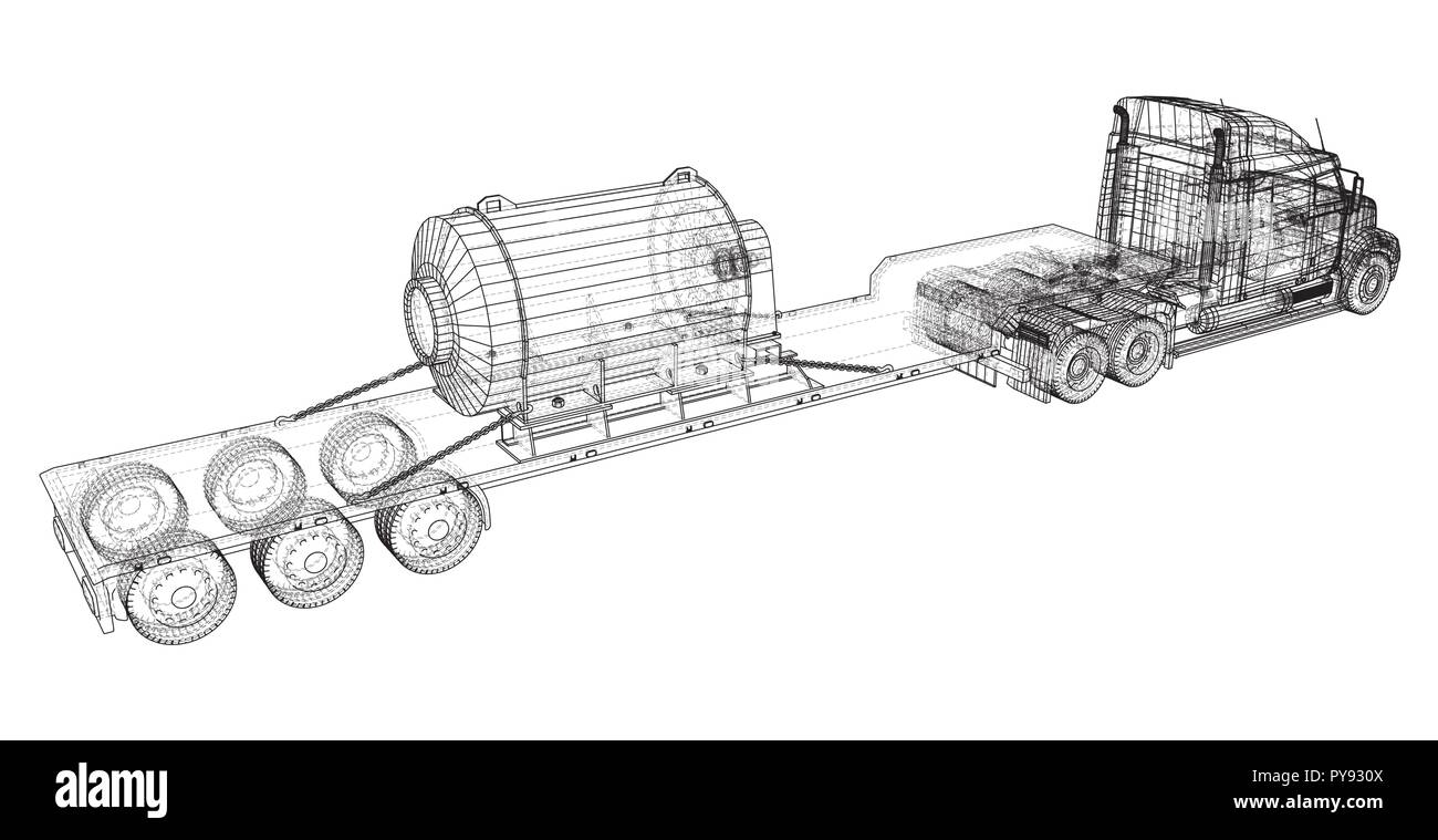 Letto basso camion rimorchio. Disegno astratto. Veicolo carico. Illustrazione di tastatura di 3d Illustrazione Vettoriale