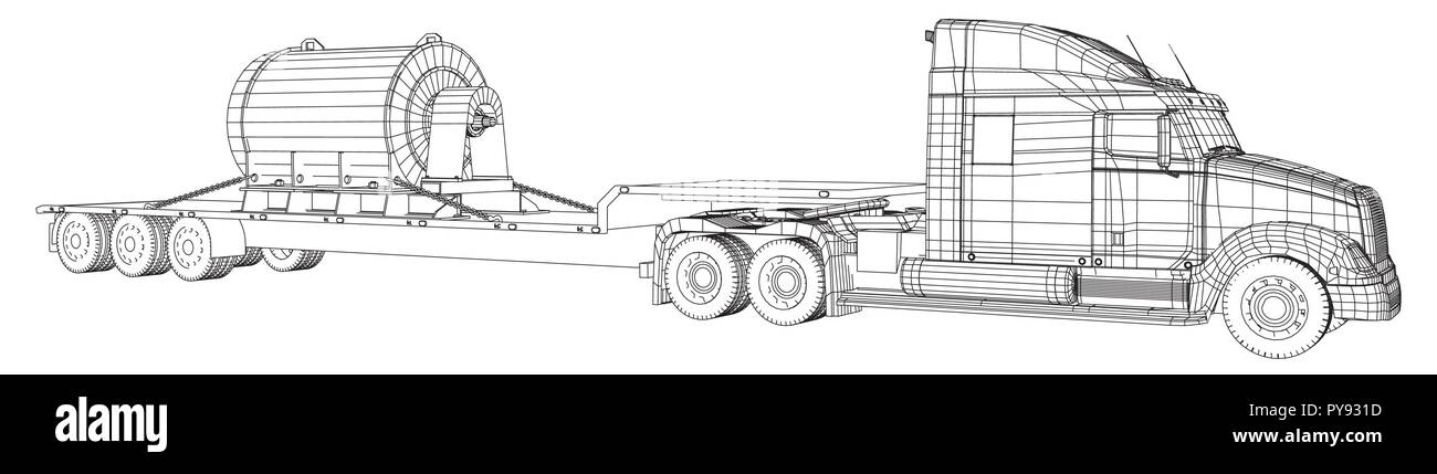 Letto basso camion rimorchio. Disegno astratto. Veicolo carico. Filo-telaio. EPS10 formato. Vettore creati di 3d. Illustrazione Vettoriale