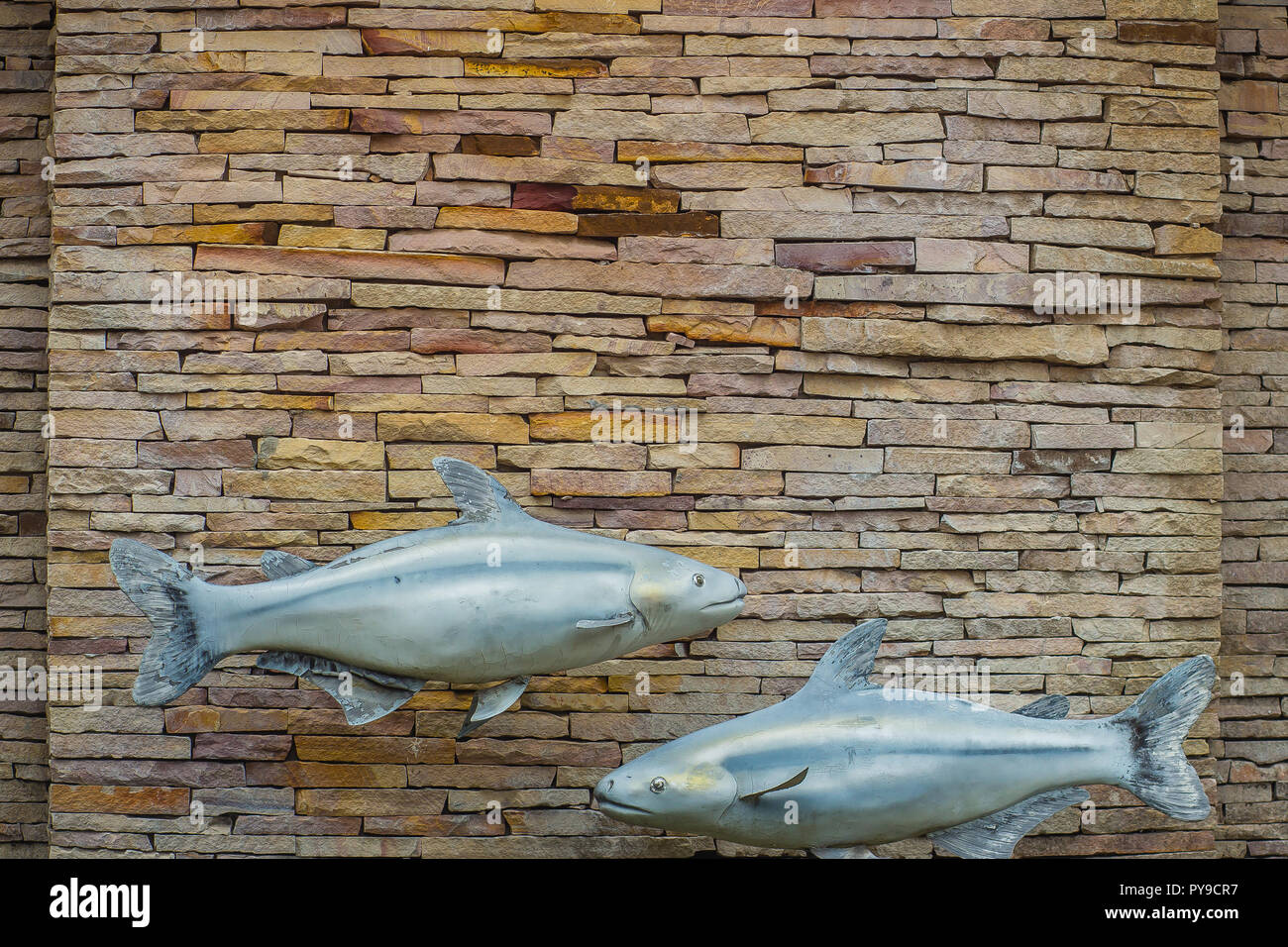 Pesci e pattern di vecchi decorativi in pietra sullo sfondo della parete. Vintage muro di pietra Texture in weathered e sculture di pesce per la progettazione dello sfondo. Fe Foto Stock