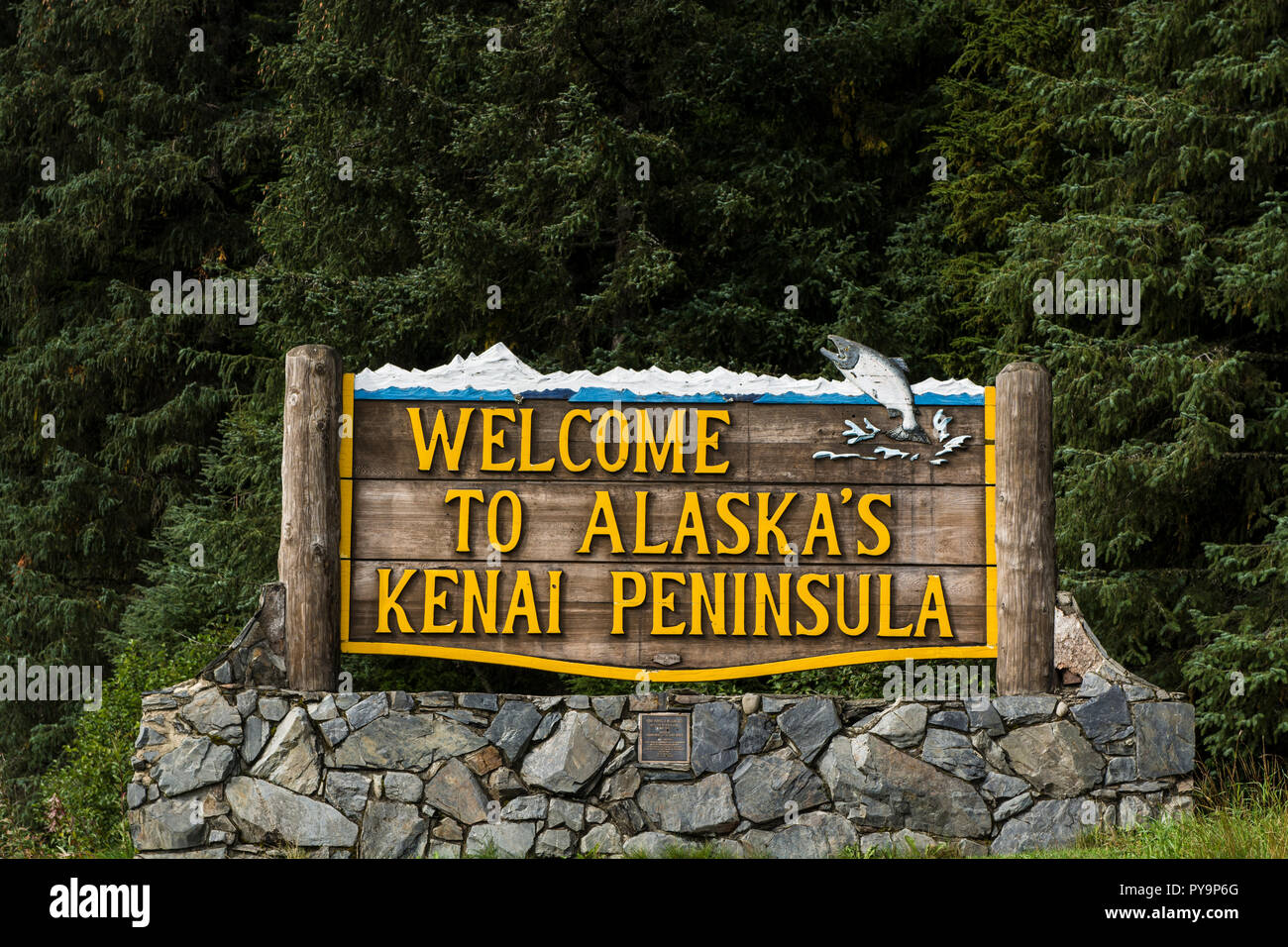 Benvenuti alla Penisola di Kenai segno, Alaska, Stati Uniti d'America. Foto Stock