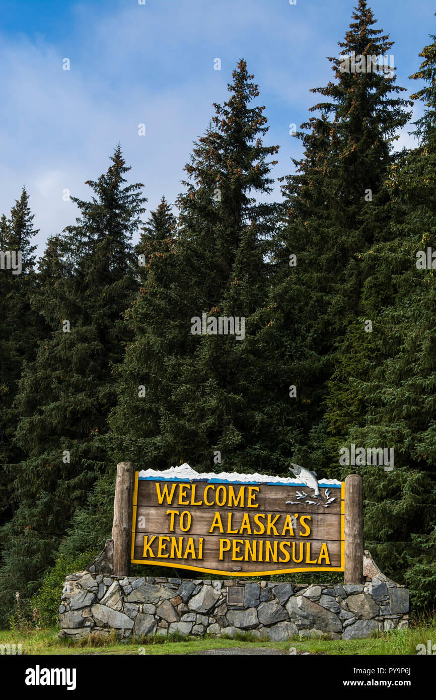 Benvenuti alla Penisola di Kenai segno, Alaska, Stati Uniti d'America. Foto Stock