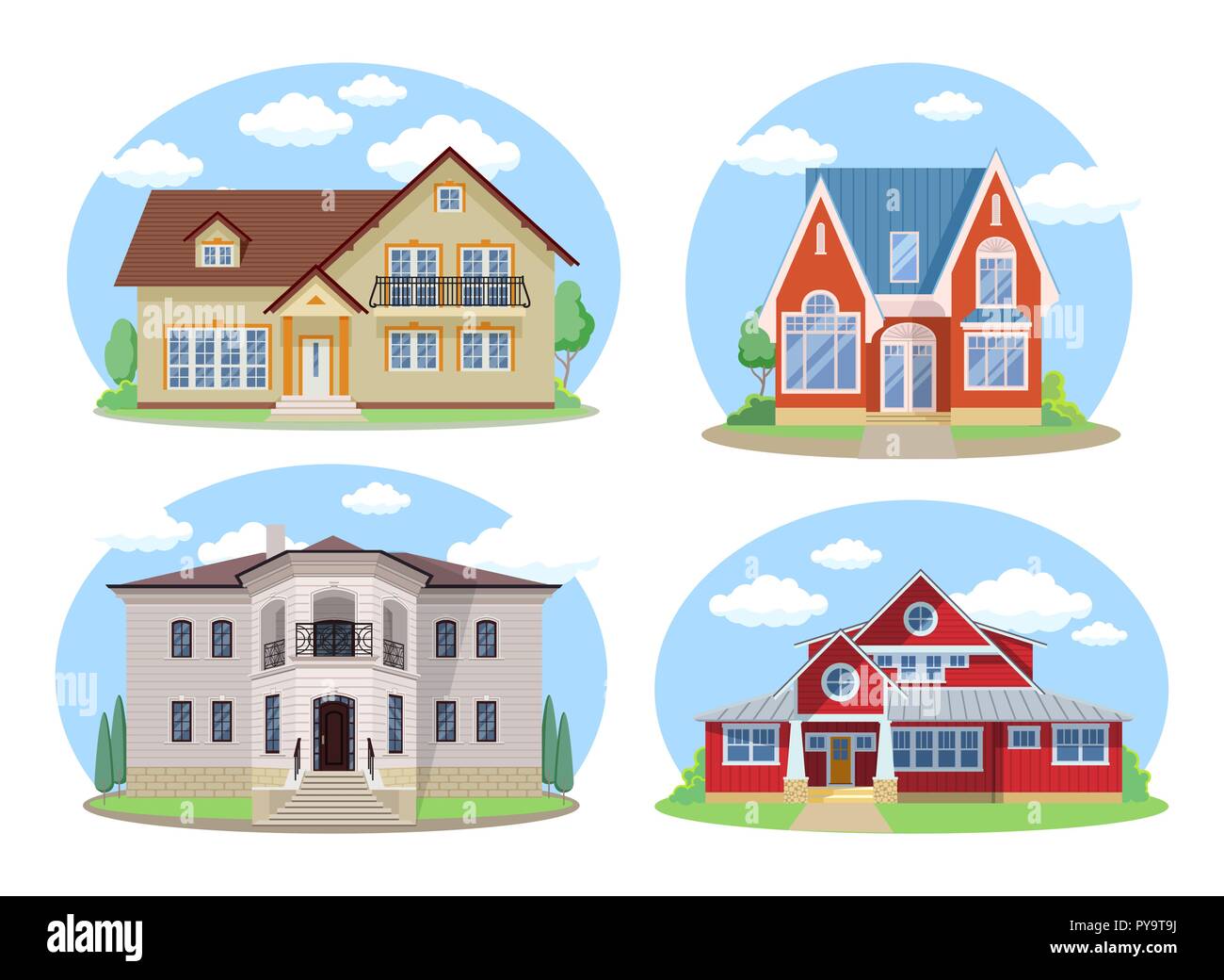 Edifici di vettore Set. Design piatto case isolate su sfondo bianco. Illustrazione Vettoriale