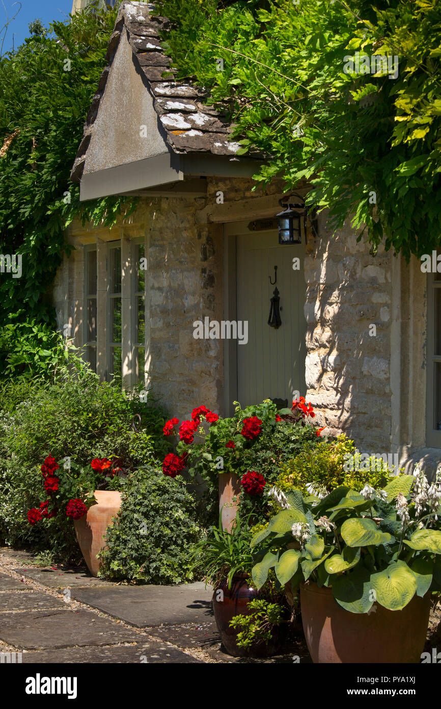 Sportello anteriore del cottage nel Giardino inglese con il glicine e vasi di rose e hosta,l'Inghilterra,l'Europa Foto Stock