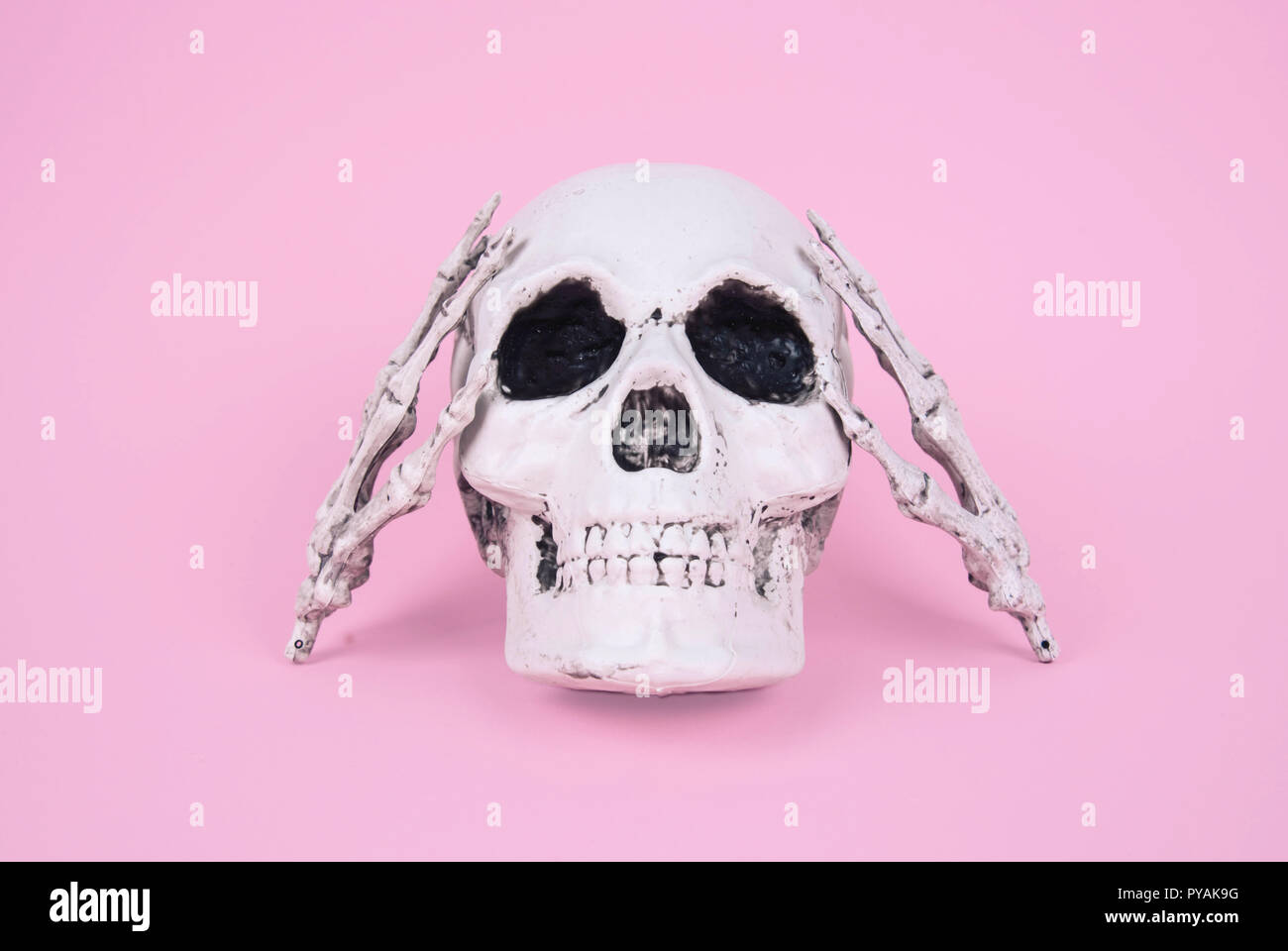 Teschio sul trendy rosa pastello sfondo. Creative concetto di Halloween. Foto Stock