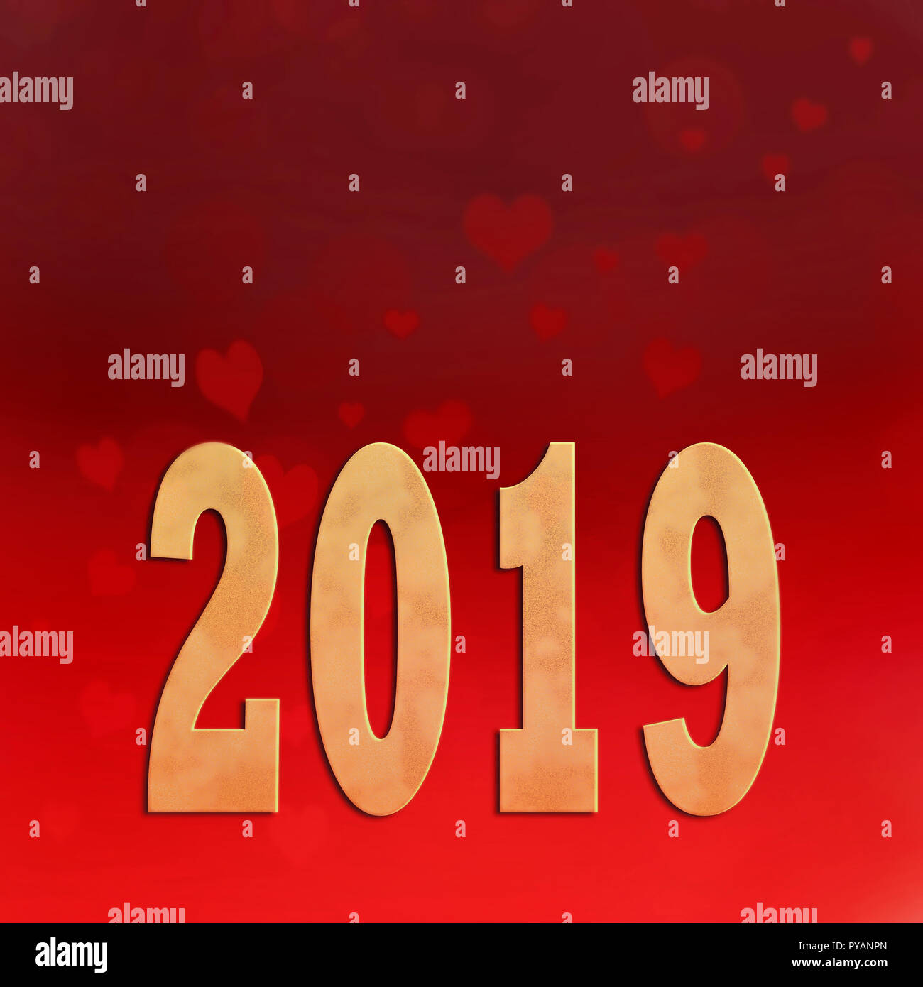 2019 anno nuovo sul rosso backgroound e cuori Foto Stock