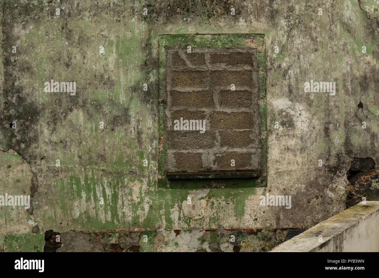 Verde sporco facciata di una vecchia casa abbandonata. Finestra murata. Sao Miguel, isole Azzorre, Portogallo. Foto Stock