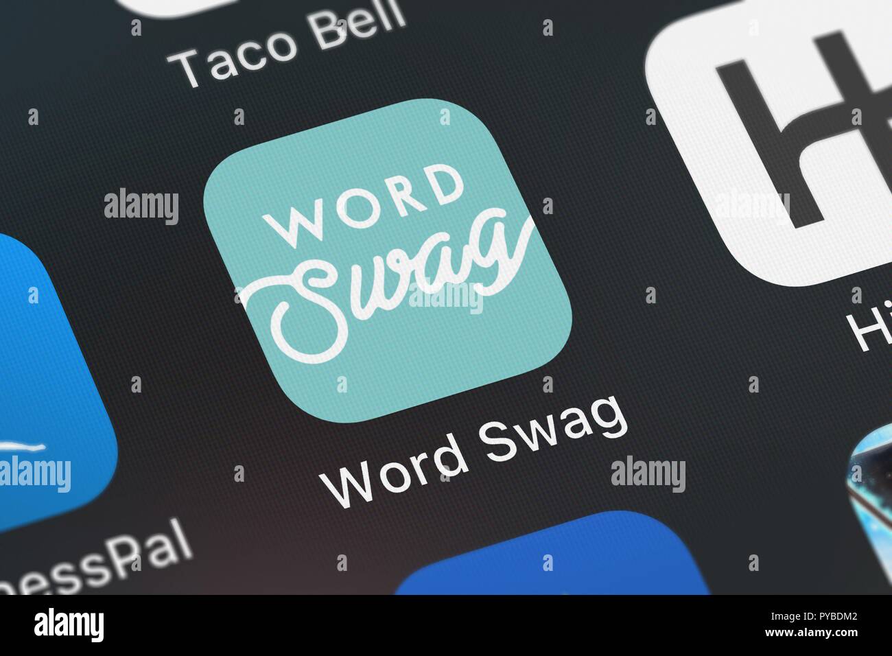 London, Regno Unito - 26 Ottobre 2018: screenshot di Oringe Inc.'s mobile app Word Swag - di raffreddare i font. Foto Stock