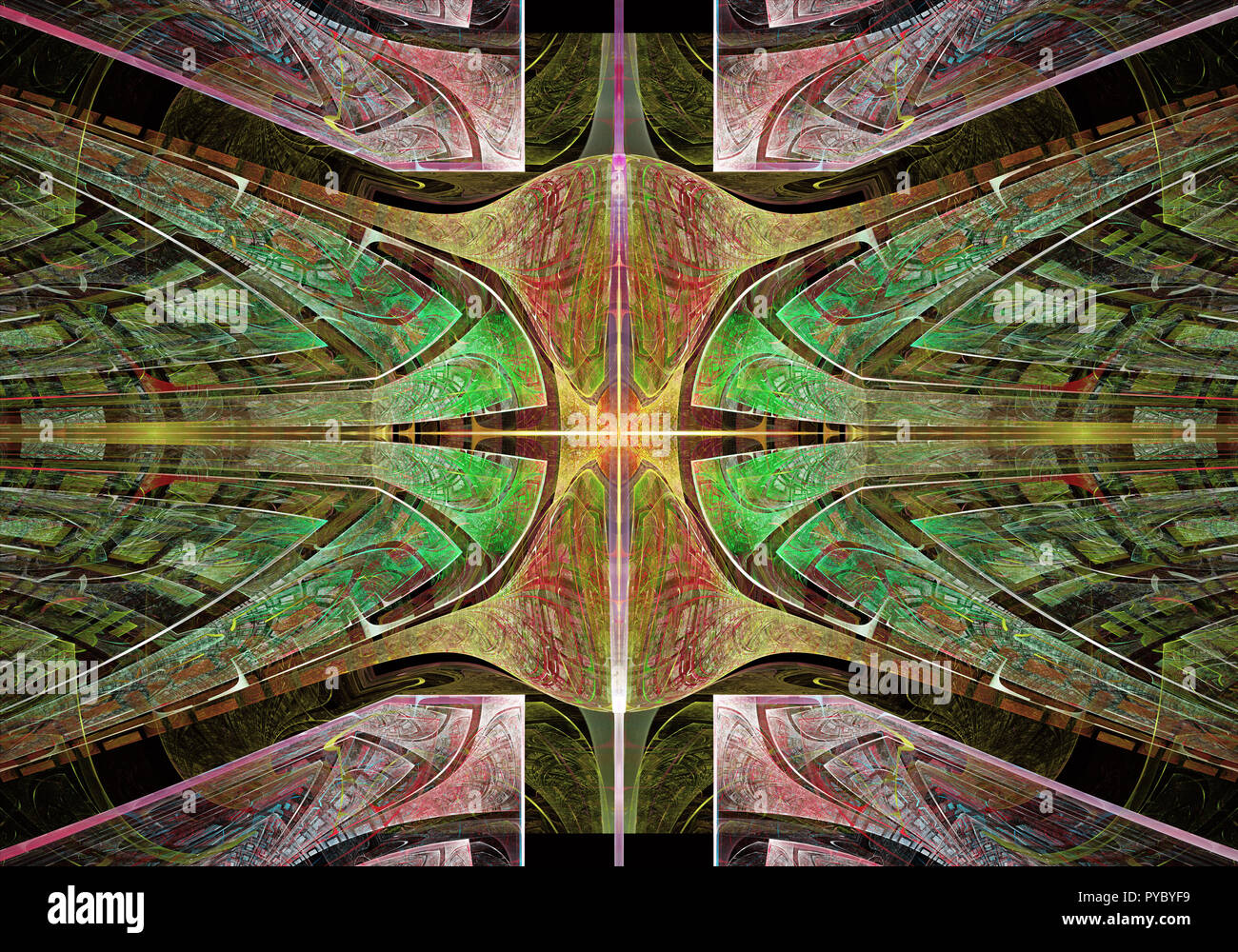 Simmetriche multicolore modello frattale come fiore o farfalla in vetrata stile. Grafica generata al computer. Foto Stock