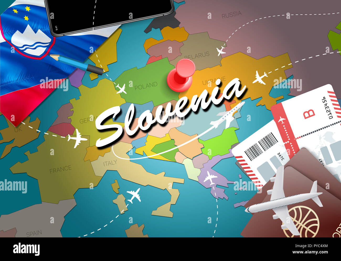 La Slovenia concetto di viaggio lo sfondo della mappa con piani,biglietti. Visitare la Slovenia viaggi e turismo il concetto di destinazione. Bandiera della Slovenia sulla mappa. Piani e fl Foto Stock