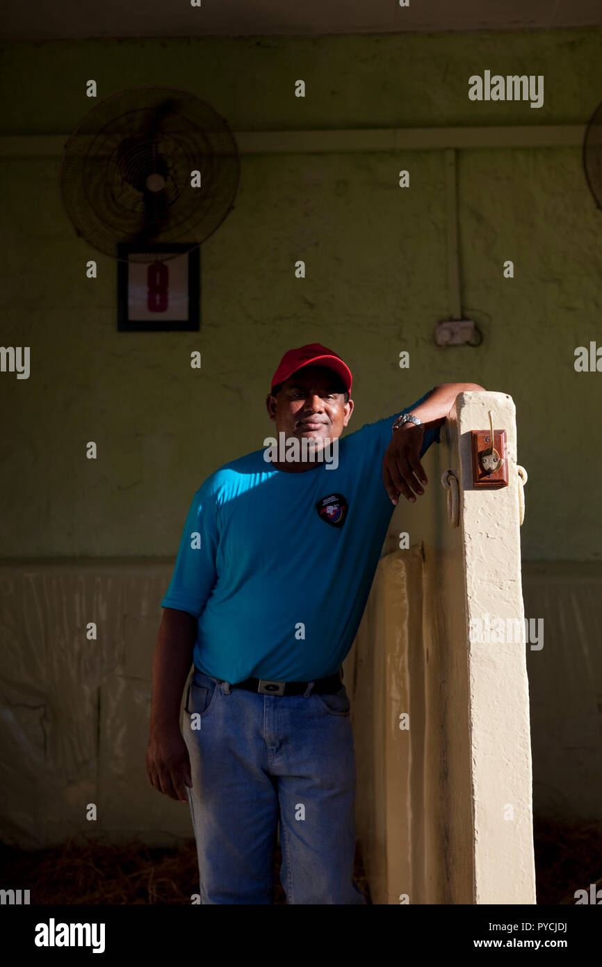 Trainer tenendo nel post gara i premi a Champ de Mars racetrack in Port Louis, Mauritius. Foto Stock