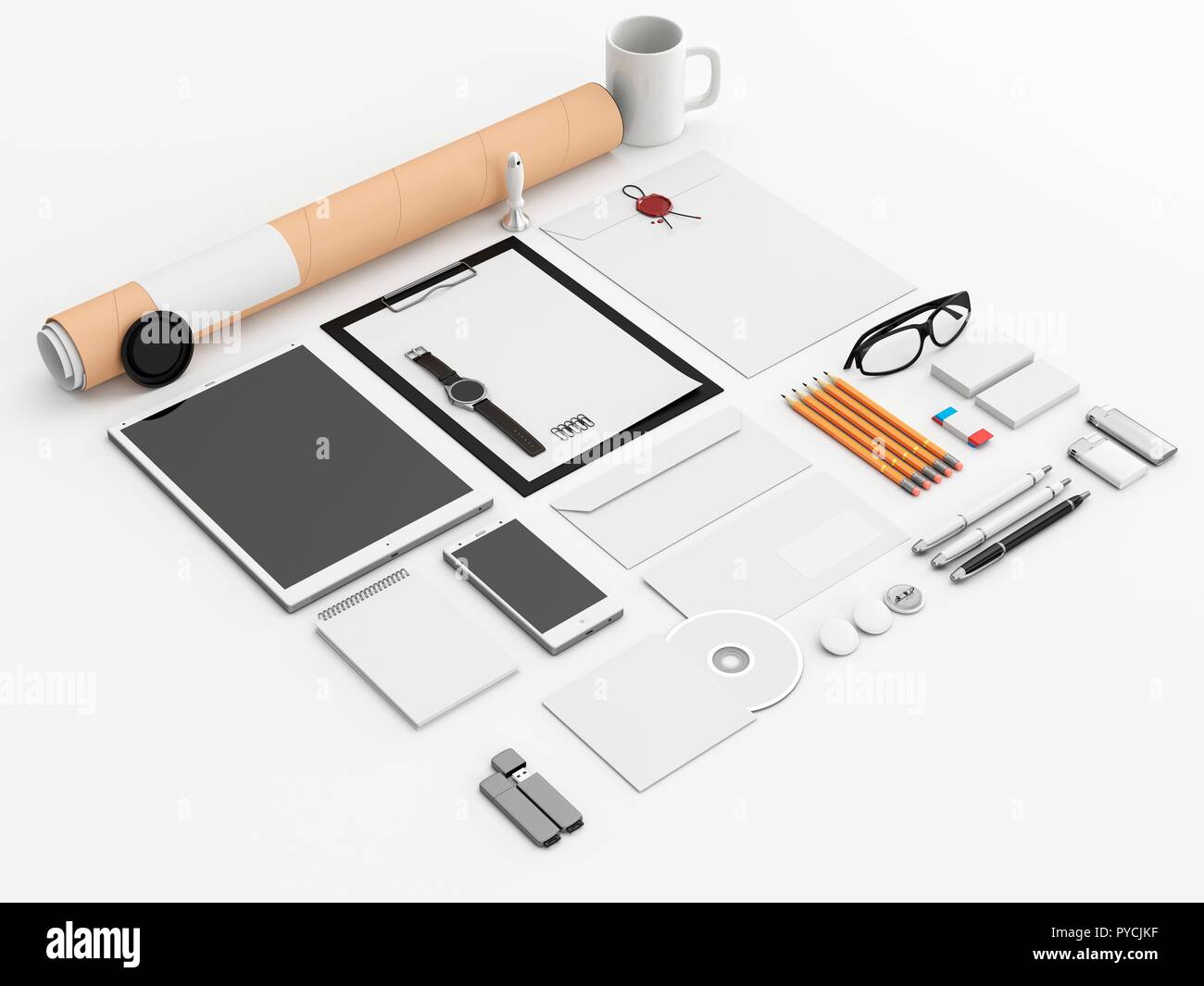 Per le apparecchiature per ufficio, illustrazione. Tablet e smartphone, smartwatch, carta A4, CD busta, carta intestata, unità flash, biglietti da visita, tubo. Foto Stock
