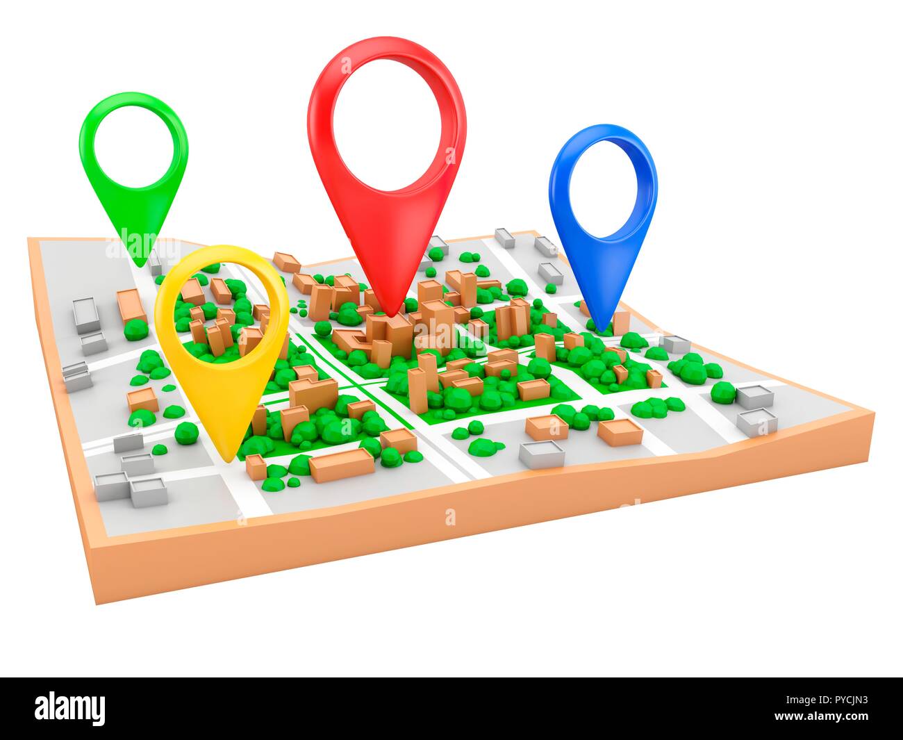 Perni di localizzazione su mappa della città, illustrazione. Foto Stock