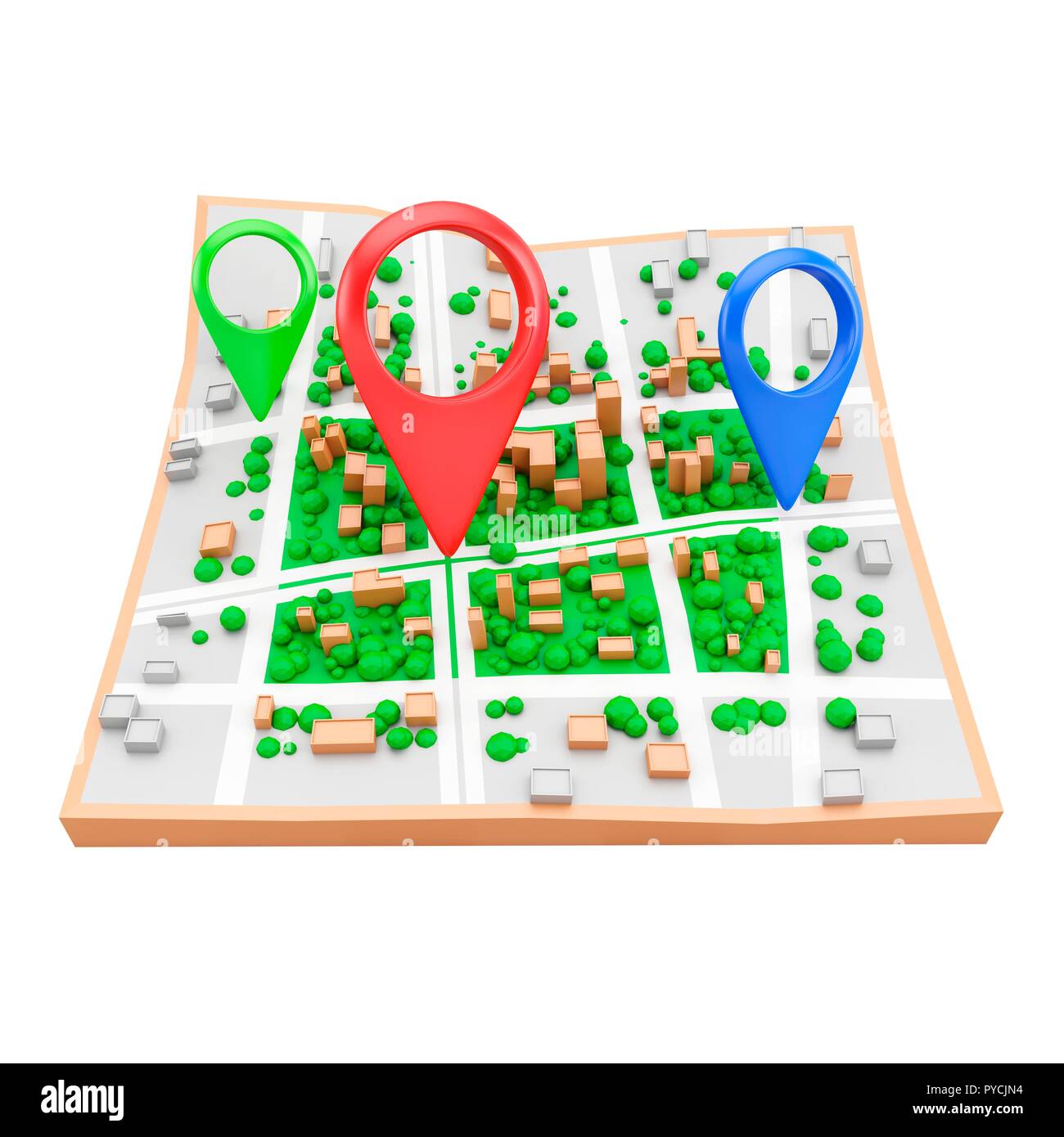 Perni di localizzazione su mappa della città, illustrazione. Foto Stock
