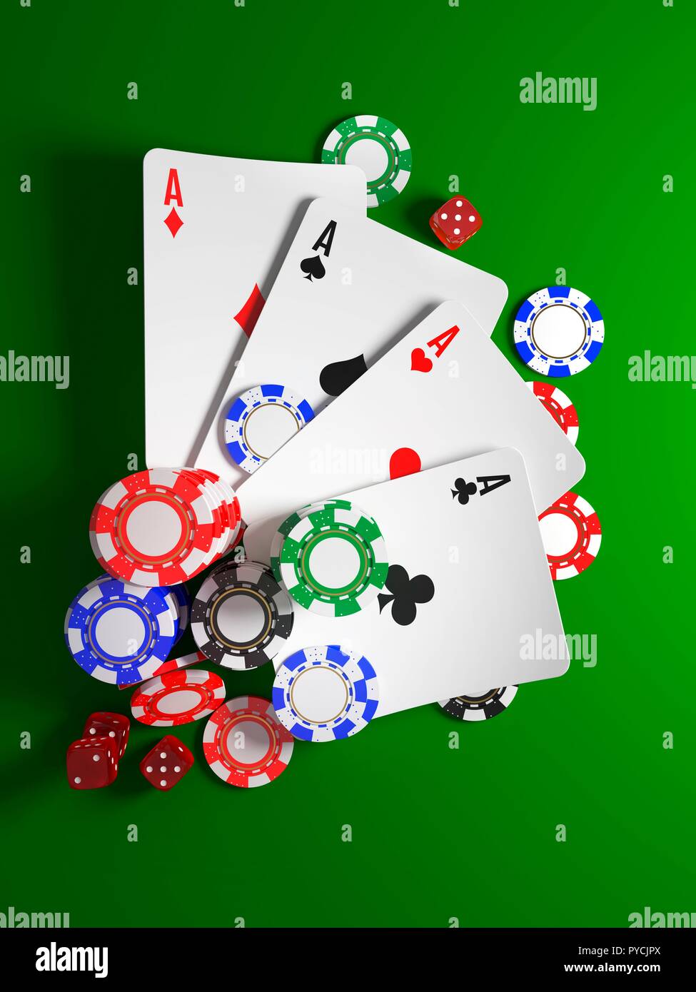 Poker chips, carte e ai dadi, illustrazione. Foto Stock