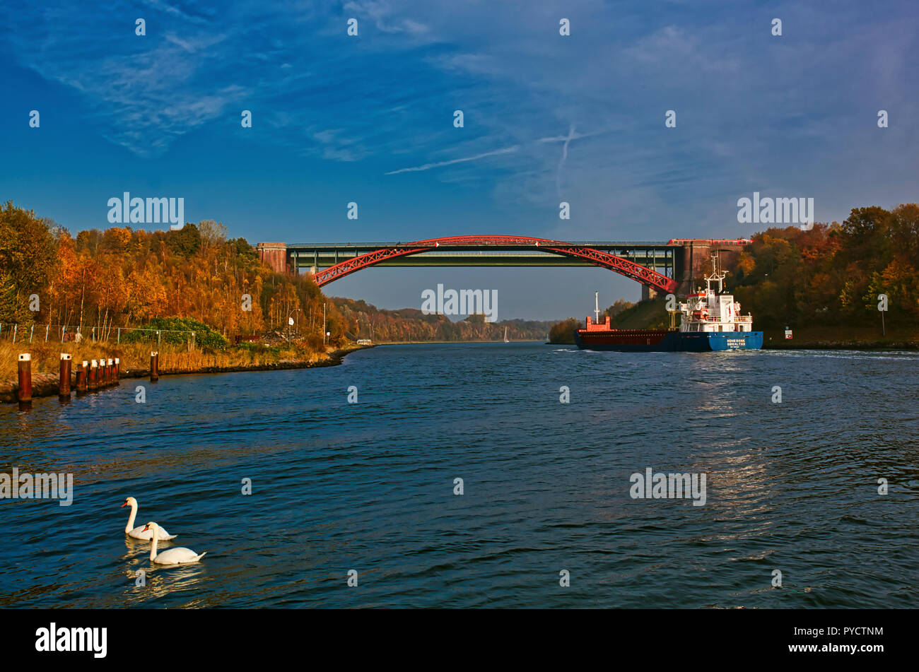 Nord-Ostsee-Kanal, 'alte Levensauer Hochbrücke', Kiel. Deutschland. Germania. Una nave portacontainer in avvicinamento al Ponte Vecchio. È tempo d'autunno e gli alberi lungo la riva del canale sono visualizzati i colori dell'autunno, ricca di rossi, marroni e gialli. Questi colori ricchi sono portati fuori dal sole che splende sulla sinistra canal bank e l'acqua è pieno di riflessioni. Un treno attraversa il ponte e due cigni sono il nuoto in acqua in primo piano. Foto Stock