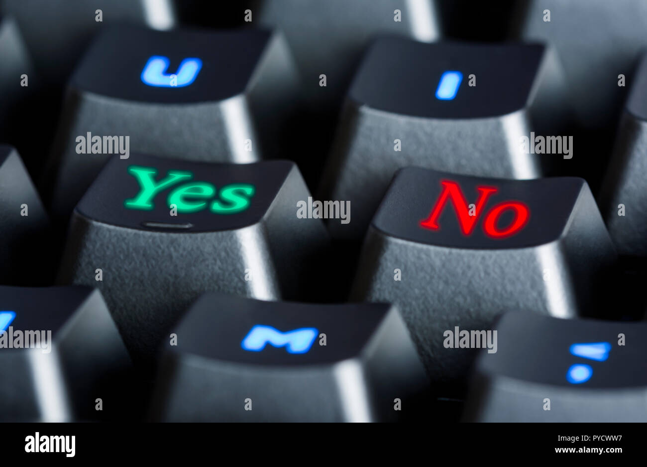 Sì e No i pulsanti sulla tastiera di un computer per il voto elettronico su Internet. Foto Stock
