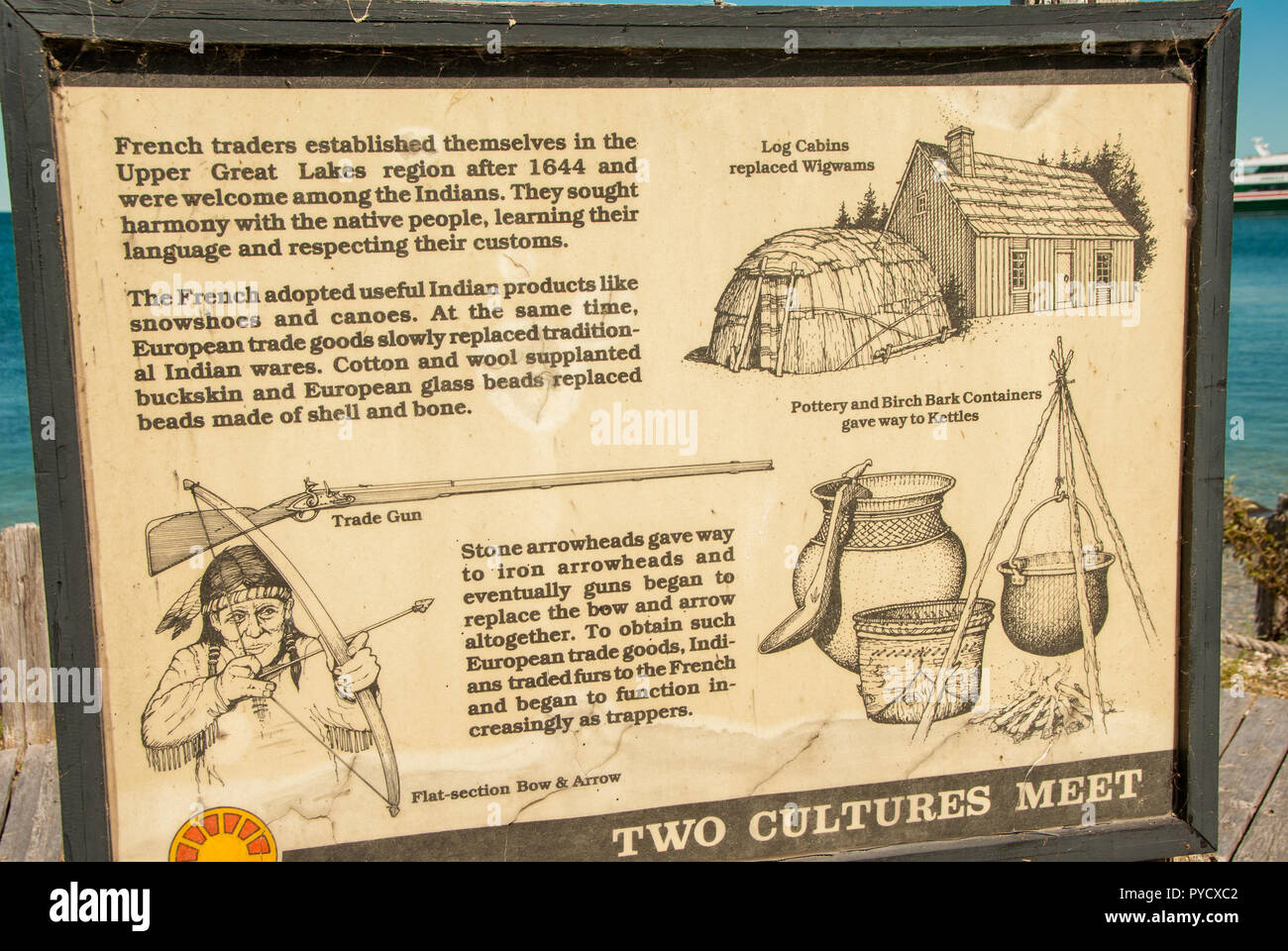 Segno raffigurante la interazione tra i commercianti francesi e indiani nella parte superiore della regione dei Grandi Laghi. Foto Stock